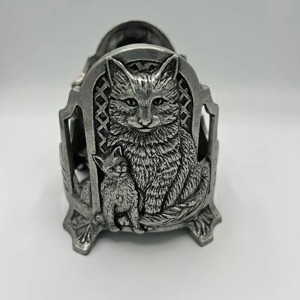 Vintage Carson 1998 Cat and Kitten Pewter Metal Candle Holder Jar Sleeve